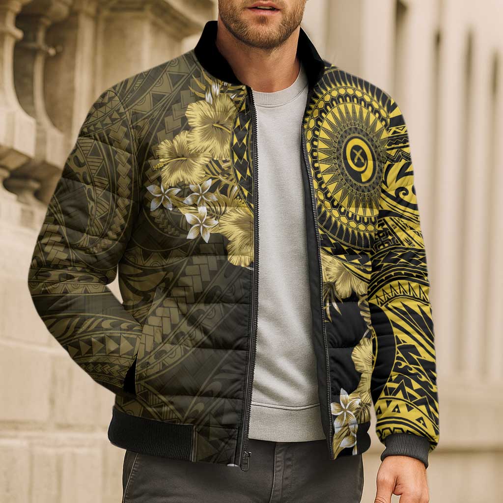 Vanuatu Bomber Puffer Jacket Hibisus Polynesian Pattern Gold LT14 - Polynesian Pride