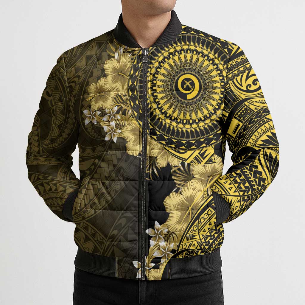 Vanuatu Bomber Puffer Jacket Hibisus Polynesian Pattern Gold LT14 - Polynesian Pride