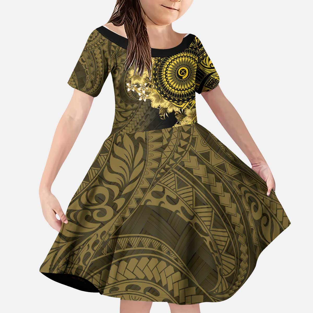 Vanuatu Kid Short Sleeve Dress Hibisus Polynesian Pattern Gold LT14 KID Gold - Polynesian Pride
