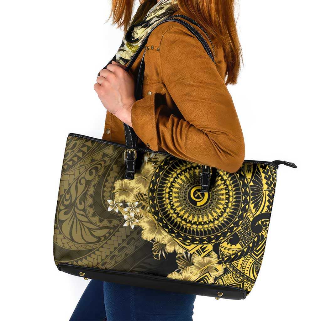 Vanuatu Leather Tote Bag Hibisus Polynesian Pattern Gold LT14 Gold - Polynesian Pride