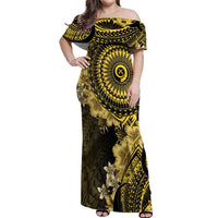 Vanuatu Off Shoulder Maxi Dress Hibisus Polynesian Pattern Gold LT14 Women Gold - Polynesian Pride