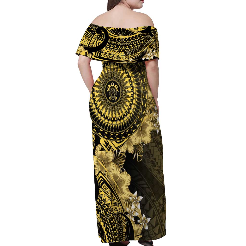 Vanuatu Off Shoulder Maxi Dress Hibisus Polynesian Pattern Gold LT14 - Polynesian Pride