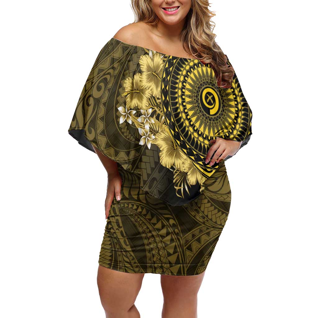 Vanuatu Off Shoulder Short Dress Hibisus Polynesian Pattern Gold LT14 Women Gold - Polynesian Pride