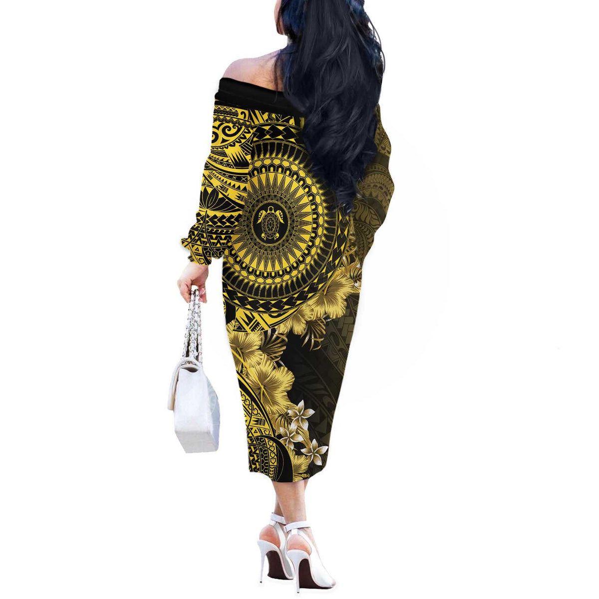 Vanuatu Off The Shoulder Long Sleeve Dress Hibisus Polynesian Pattern Gold LT14 - Polynesian Pride