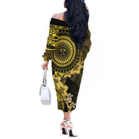 Vanuatu Off The Shoulder Long Sleeve Dress Hibisus Polynesian Pattern Gold LT14 - Polynesian Pride
