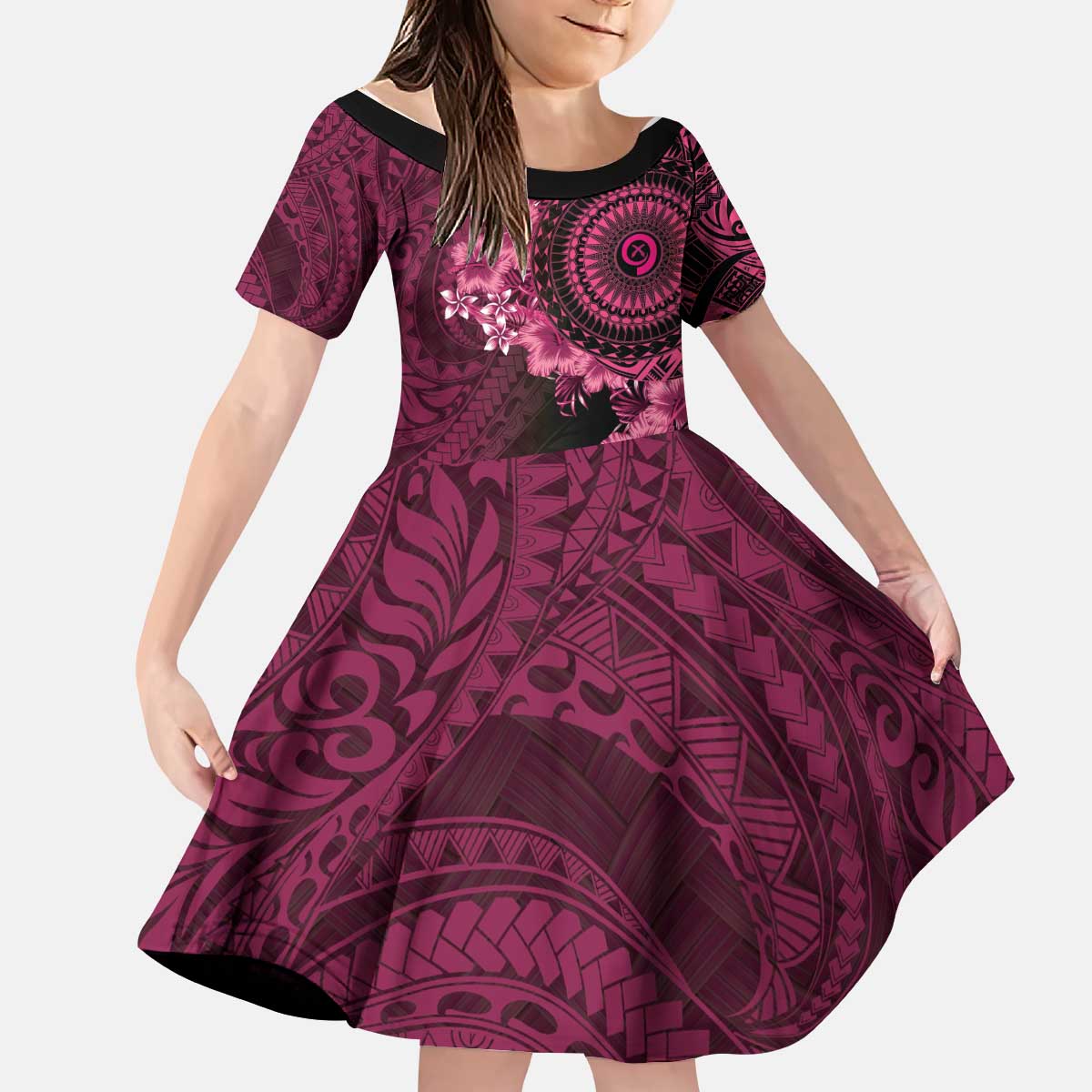 Vanuatu Kid Short Sleeve Dress Hibisus Polynesian Pattern Pink LT14 KID Pink - Polynesian Pride