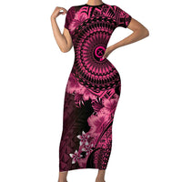 Vanuatu Short Sleeve Bodycon Dress Hibisus Polynesian Pattern Pink LT14 Long Dress Pink - Polynesian Pride