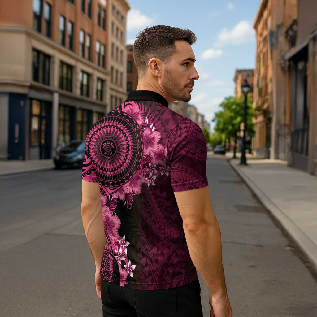 Vanuatu Zipper Polo Shirt Hibisus Polynesian Pattern Pink LT14 - Polynesian Pride