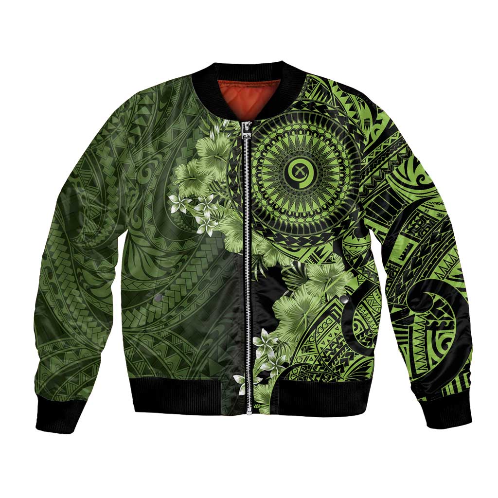 Vanuatu Bomber Jacket Hibisus Polynesian Pattern Green LT14 Unisex Green - Polynesian Pride