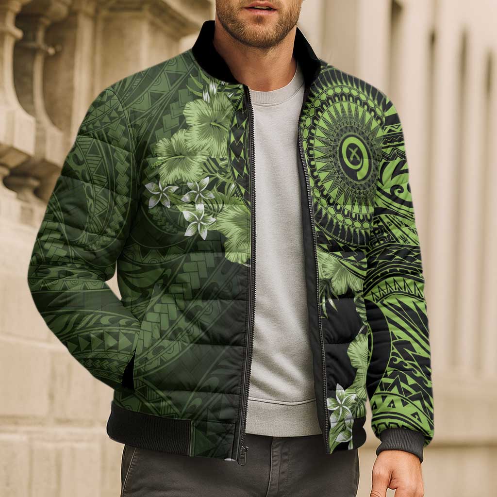 Vanuatu Bomber Puffer Jacket Hibisus Polynesian Pattern Green LT14 - Polynesian Pride
