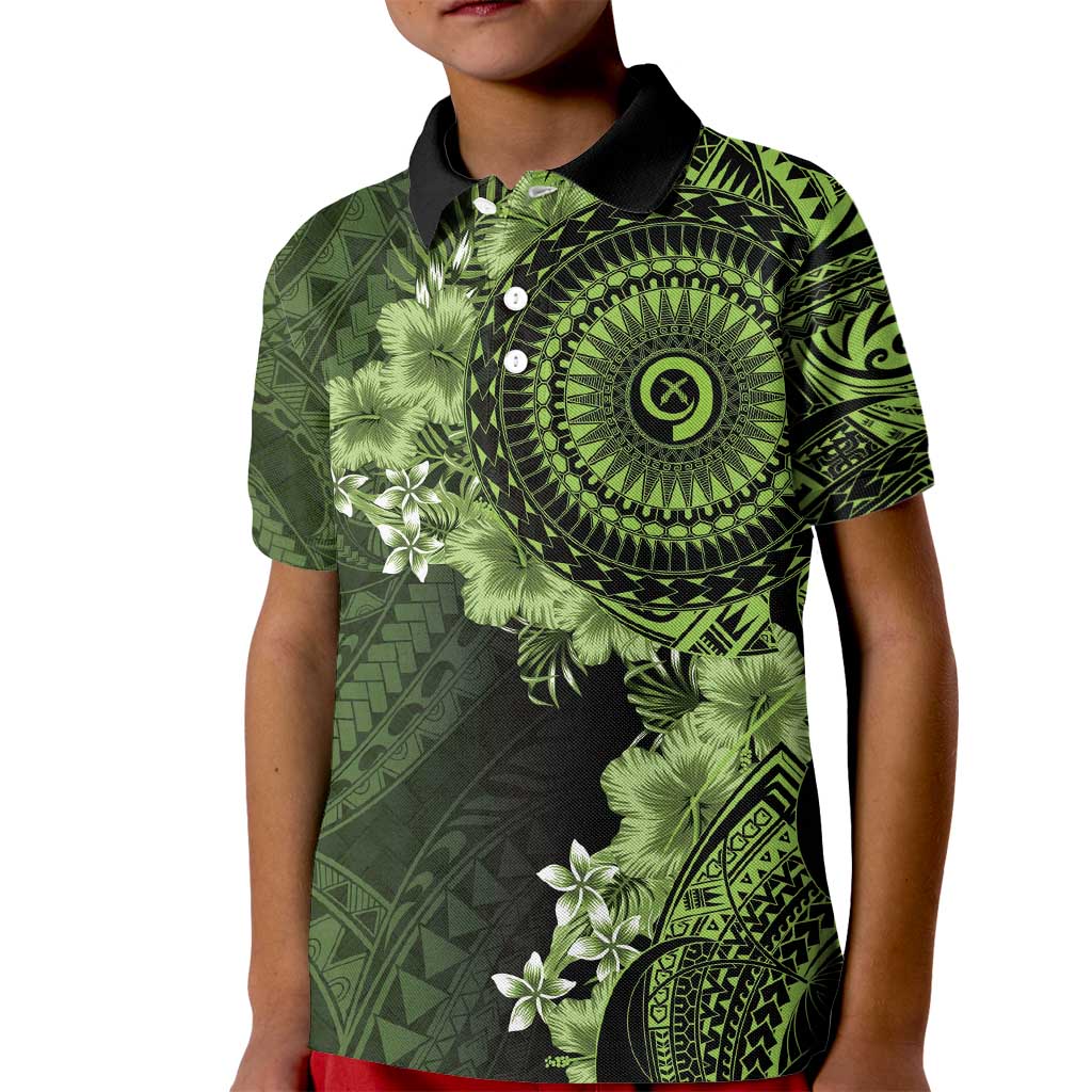 Vanuatu Kid Polo Shirt Hibisus Polynesian Pattern Green LT14 Kid Green - Polynesian Pride
