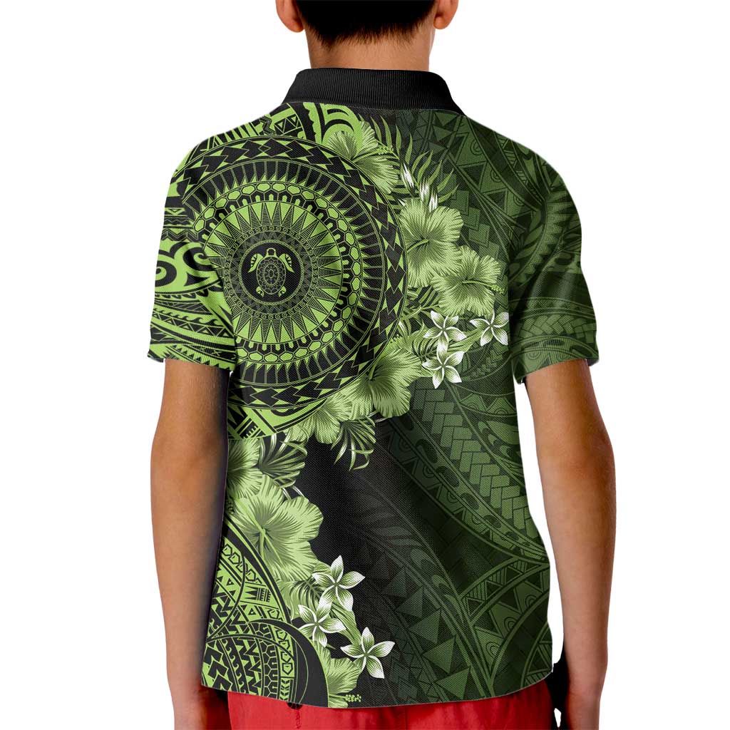 Vanuatu Kid Polo Shirt Hibisus Polynesian Pattern Green LT14 - Polynesian Pride