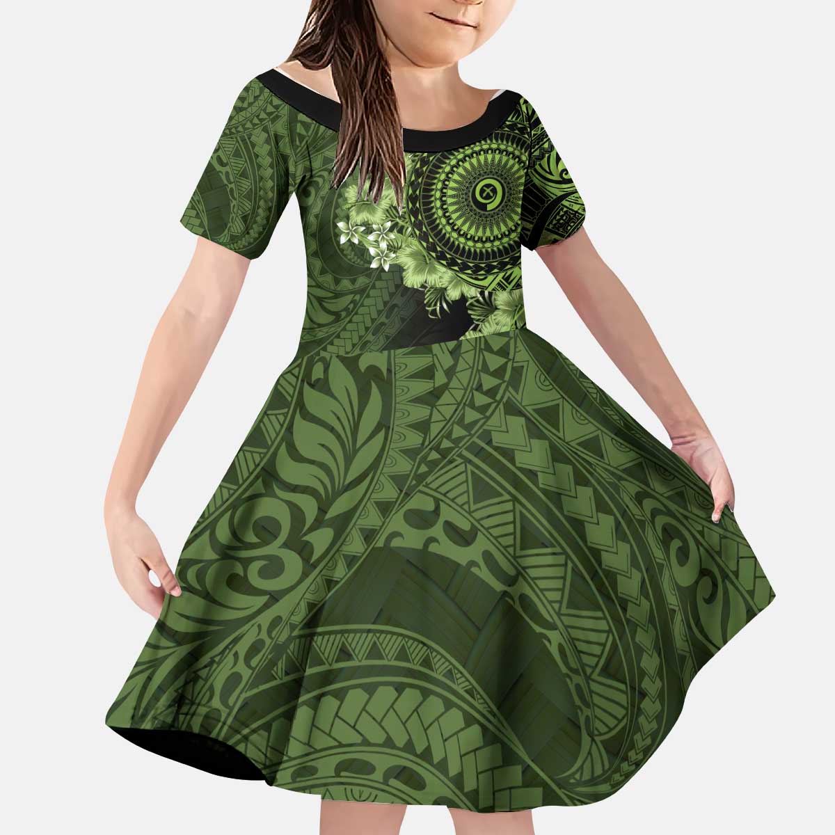 Vanuatu Kid Short Sleeve Dress Hibisus Polynesian Pattern Green LT14 KID Green - Polynesian Pride
