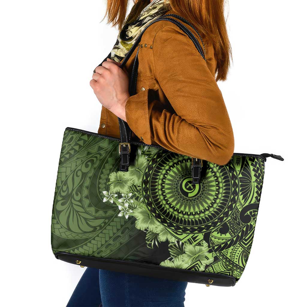 Vanuatu Leather Tote Bag Hibisus Polynesian Pattern Green LT14 Green - Polynesian Pride