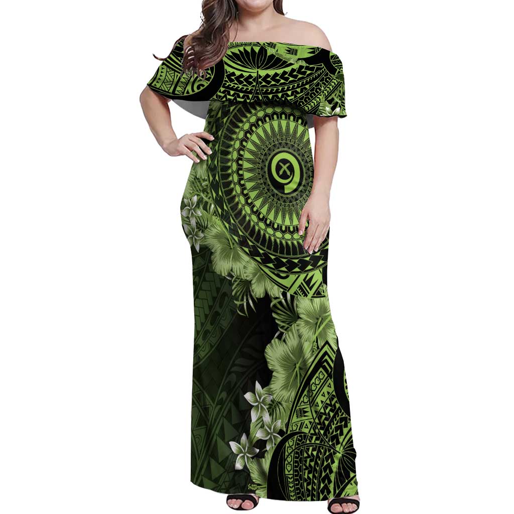 Vanuatu Off Shoulder Maxi Dress Hibisus Polynesian Pattern Green LT14 Women Green - Polynesian Pride