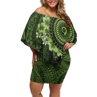 Vanuatu Off Shoulder Short Dress Hibisus Polynesian Pattern Green LT14 Women Green - Polynesian Pride