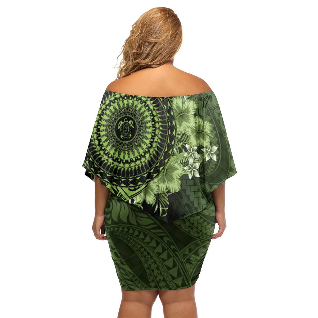 Vanuatu Off Shoulder Short Dress Hibisus Polynesian Pattern Green LT14 - Polynesian Pride