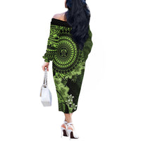Vanuatu Off The Shoulder Long Sleeve Dress Hibisus Polynesian Pattern Green LT14 - Polynesian Pride