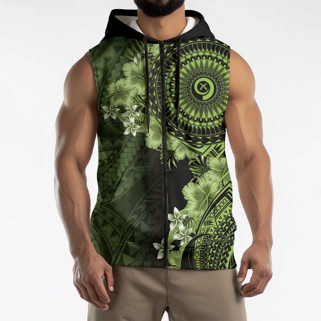 Vanuatu Sleeveless Zip Hoodie Hibisus Polynesian Pattern Green LT14 - Polynesian Pride