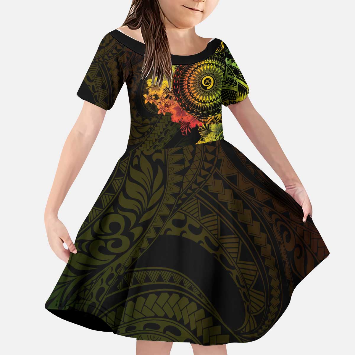 Vanuatu Kid Short Sleeve Dress Hibisus Polynesian Pattern Reggae LT14 KID Reggae - Polynesian Pride