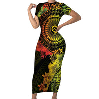 Vanuatu Short Sleeve Bodycon Dress Hibisus Polynesian Pattern Reggae LT14 Long Dress Reggae - Polynesian Pride