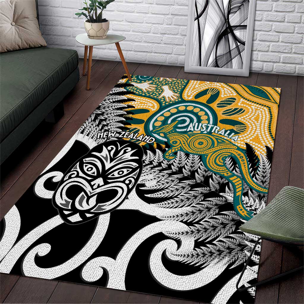 New Zealand Australia Rugby Area Rug Wallabies Aboriginal All Black Maori Tiki Together LT14 Black - Polynesian Pride