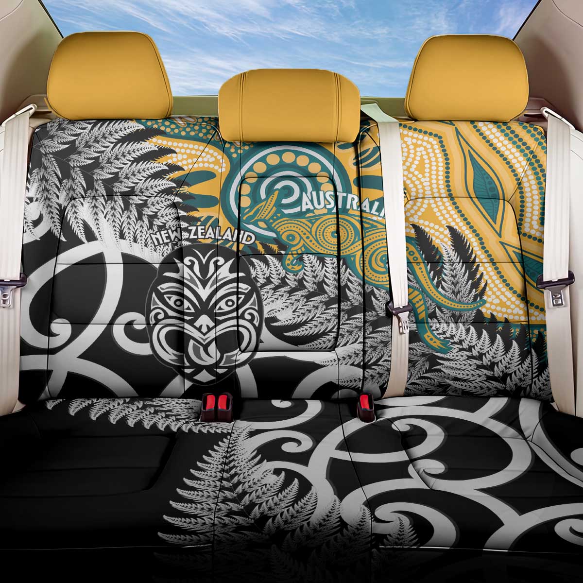New Zealand Australia Rugby Back Car Seat Cover Wallabies Aboriginal All Black Maori Tiki Together LT14 One Size Black - Polynesian Pride
