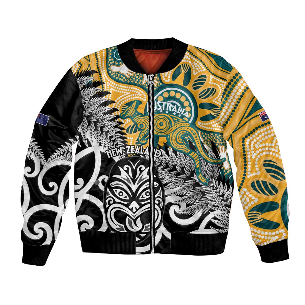 New Zealand Australia Rugby Custom Bomber Jacket Wallabies Aboriginal All Black Maori Tiki Together LT14 Unisex Black - Polynesian Pride