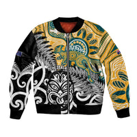 New Zealand Australia Rugby Custom Bomber Jacket Wallabies Aboriginal All Black Maori Tiki Together LT14 Unisex Black - Polynesian Pride