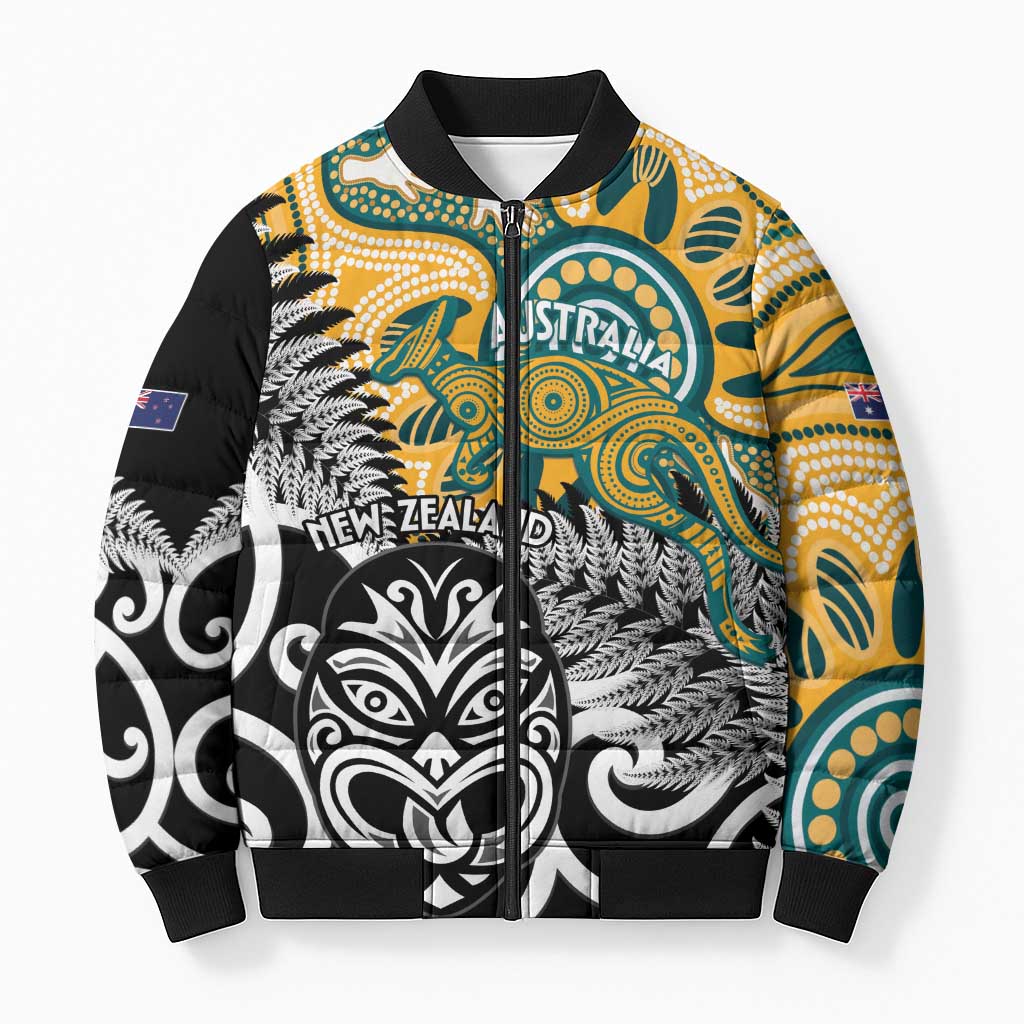 New Zealand Australia Rugby Custom Bomber Puffer Jacket Wallabies Aboriginal All Black Maori Tiki Together LT14 Unisex Black - Polynesian Pride