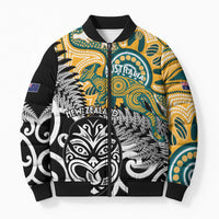 New Zealand Australia Rugby Custom Bomber Puffer Jacket Wallabies Aboriginal All Black Maori Tiki Together LT14 Unisex Black - Polynesian Pride