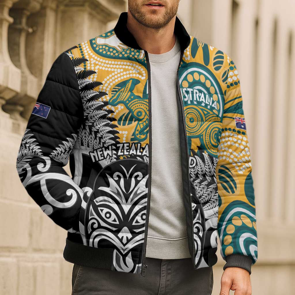 New Zealand Australia Rugby Custom Bomber Puffer Jacket Wallabies Aboriginal All Black Maori Tiki Together LT14 - Polynesian Pride