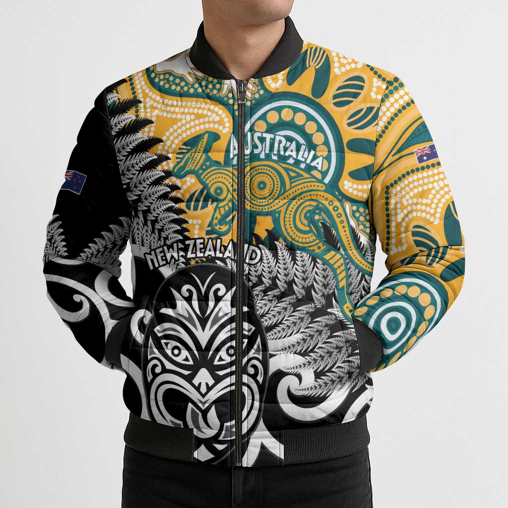 New Zealand Australia Rugby Custom Bomber Puffer Jacket Wallabies Aboriginal All Black Maori Tiki Together LT14 - Polynesian Pride
