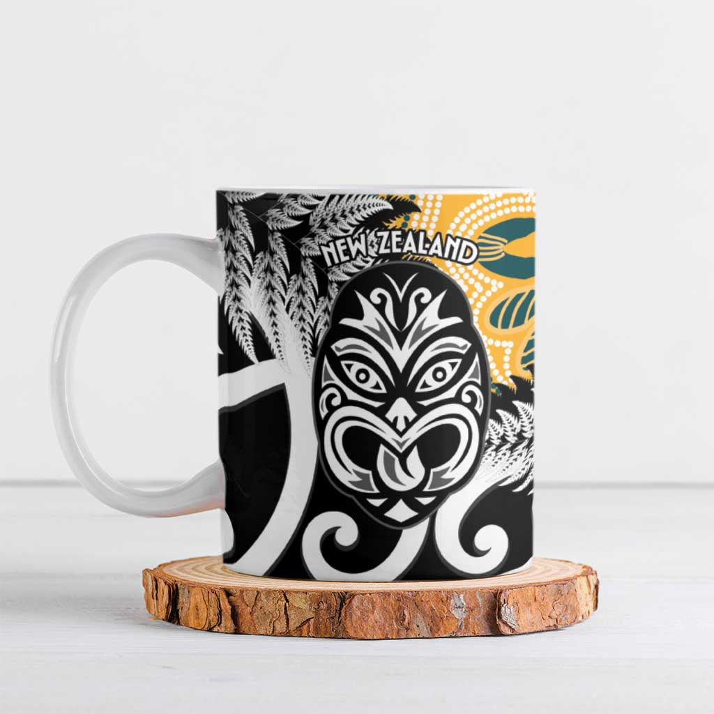 New Zealand Australia Rugby Ceramic Mug Wallabies Aboriginal All Black Maori Tiki Together LT14 Black - Polynesian Pride