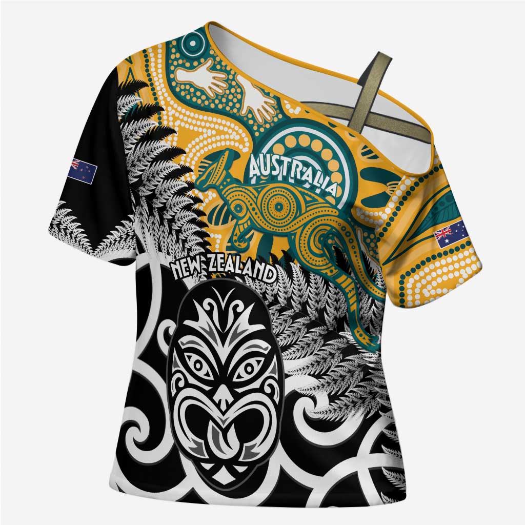 New Zealand Australia Rugby Custom Cross Shoulder Shirt Wallabies Aboriginal All Black Maori Tiki Together LT14 Female Black - Polynesian Pride