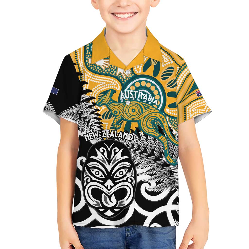 New Zealand Australia Rugby Custom Kid Hawaiian Shirt Wallabies Aboriginal All Black Maori Tiki Together LT14 Kid Black - Polynesian Pride