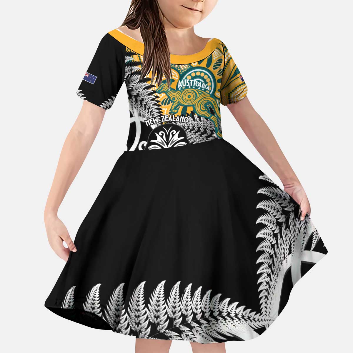 New Zealand Australia Rugby Custom Kid Short Sleeve Dress Wallabies Aboriginal All Black Maori Tiki Together LT14 KID Black - Polynesian Pride