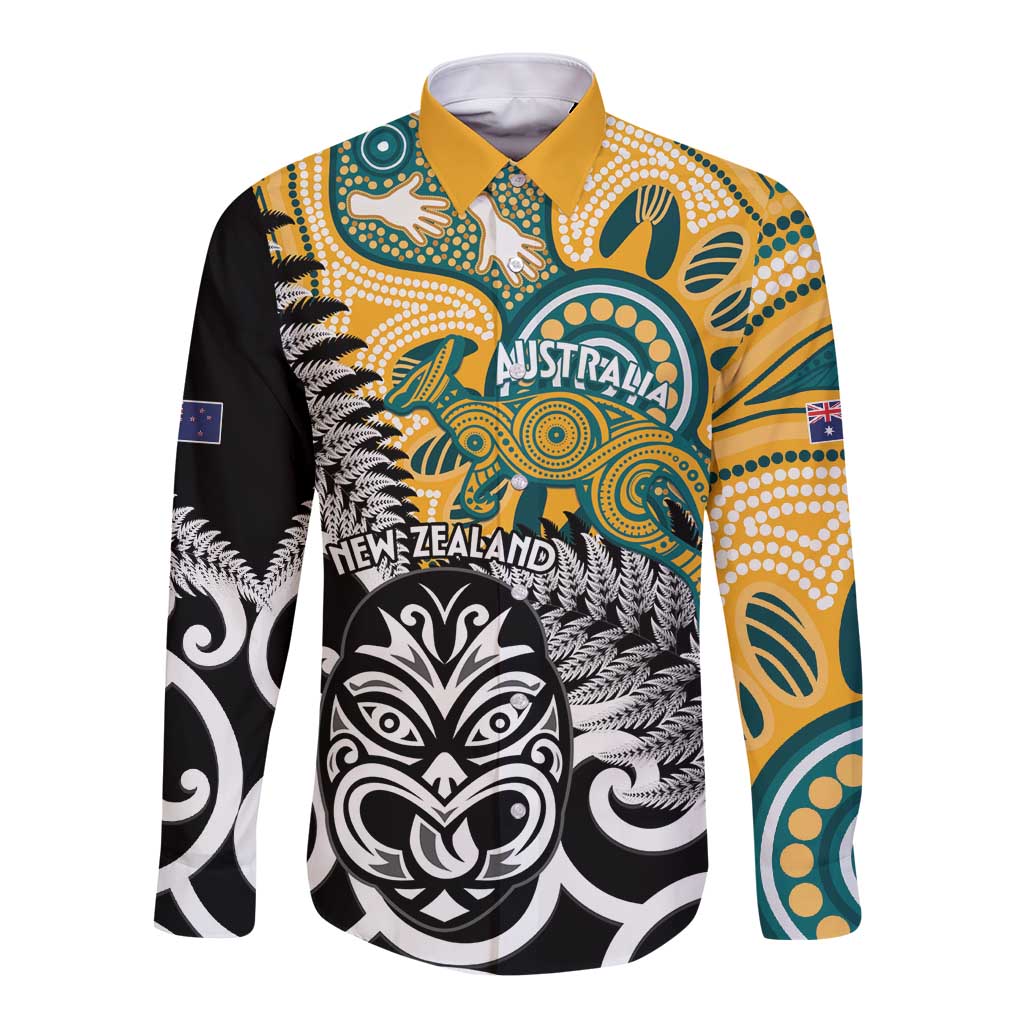 New Zealand Australia Rugby Custom Long Sleeve Button Shirt Wallabies Aboriginal All Black Maori Tiki Together LT14 Unisex Black - Polynesian Pride