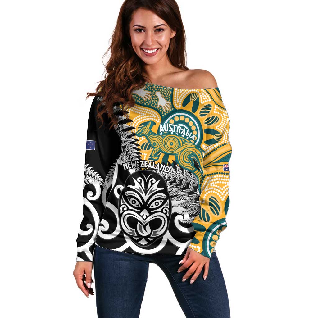 New Zealand Australia Rugby Custom Off Shoulder Sweater Wallabies Aboriginal All Black Maori Tiki Together LT14 Women Black - Polynesian Pride