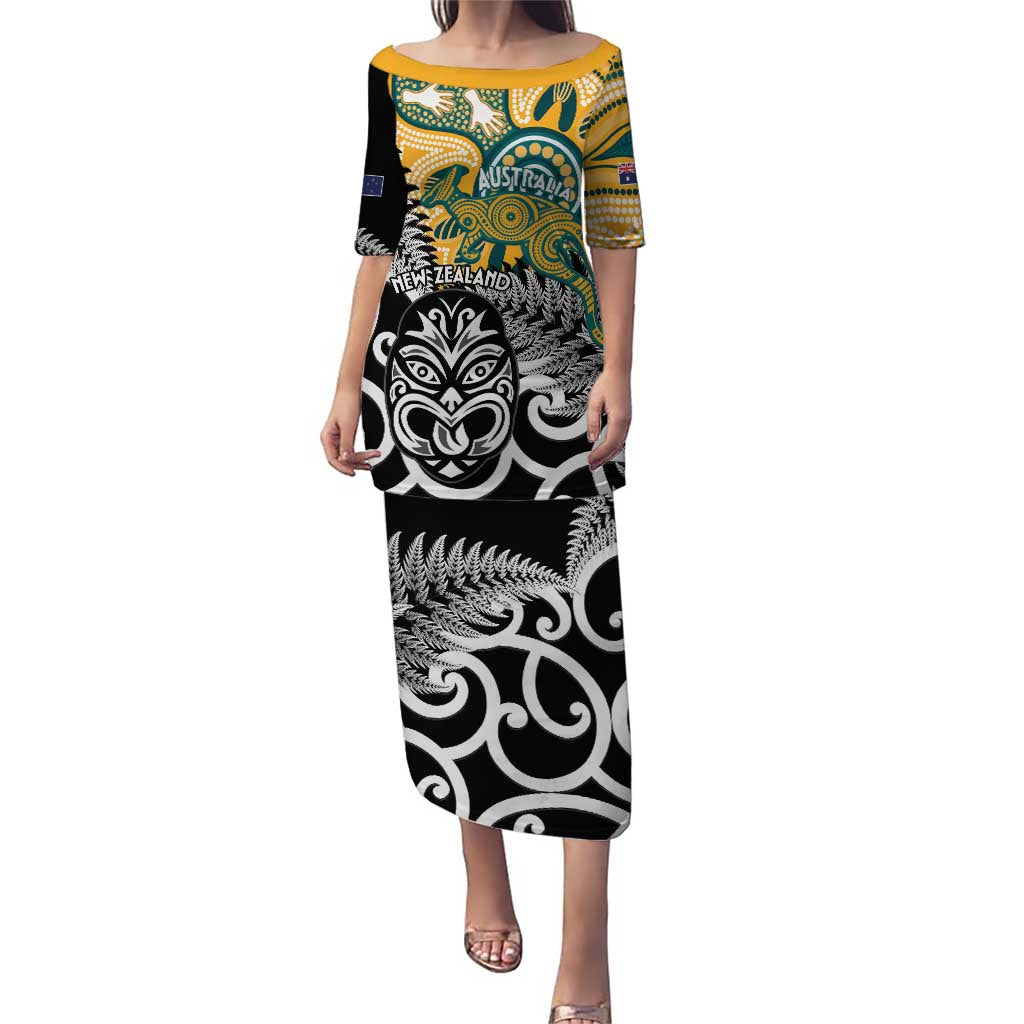 New Zealand Australia Rugby Custom Puletasi Wallabies Aboriginal All Black Maori Tiki Together LT14 Long Dress Black - Polynesian Pride
