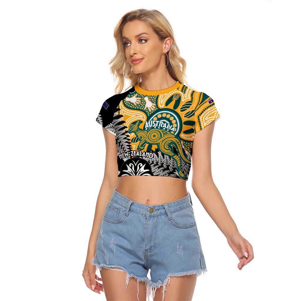 New Zealand Australia Rugby Custom Raglan Cropped T Shirt Wallabies Aboriginal All Black Maori Tiki Together LT14 Female Black - Polynesian Pride