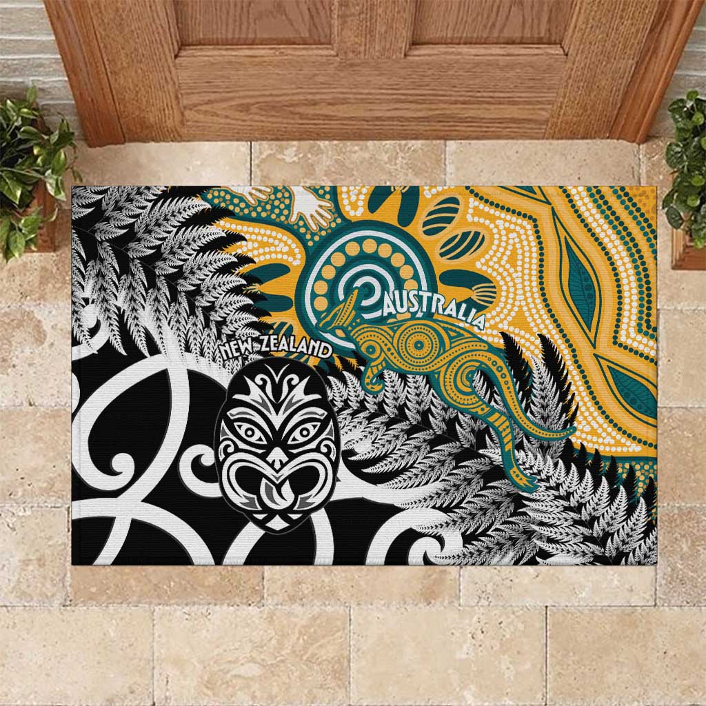 New Zealand Australia Rugby Rubber Doormat Wallabies Aboriginal All Black Maori Tiki Together LT14 Black - Polynesian Pride
