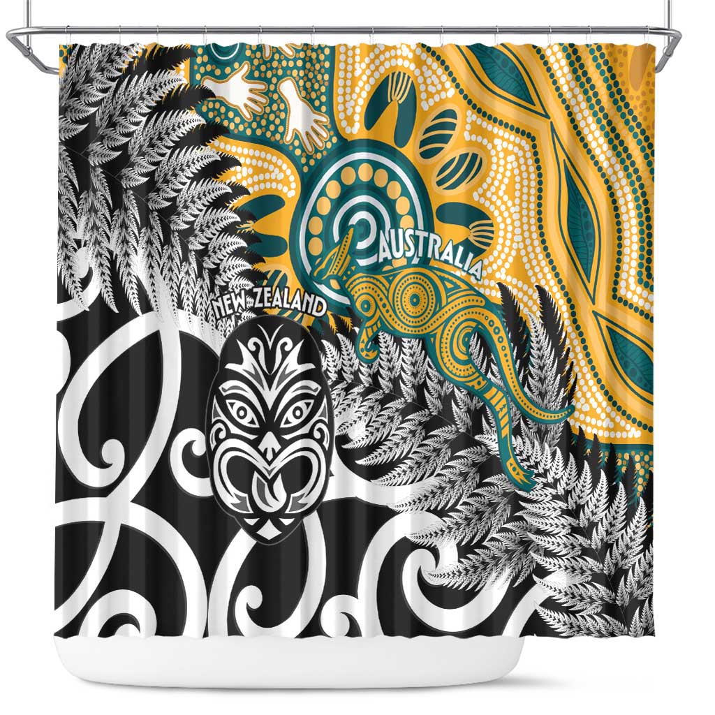 New Zealand Australia Rugby Shower Curtain Wallabies Aboriginal All Black Maori Tiki Together LT14 Black - Polynesian Pride