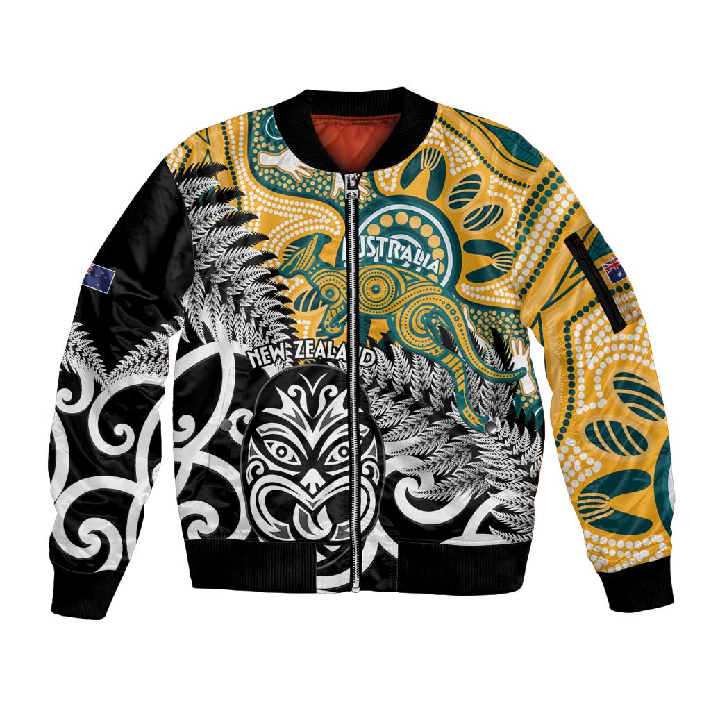 New Zealand Australia Rugby Custom Sleeve Zip Bomber Jacket Wallabies Aboriginal All Black Maori Tiki Together LT14 Unisex Black - Polynesian Pride