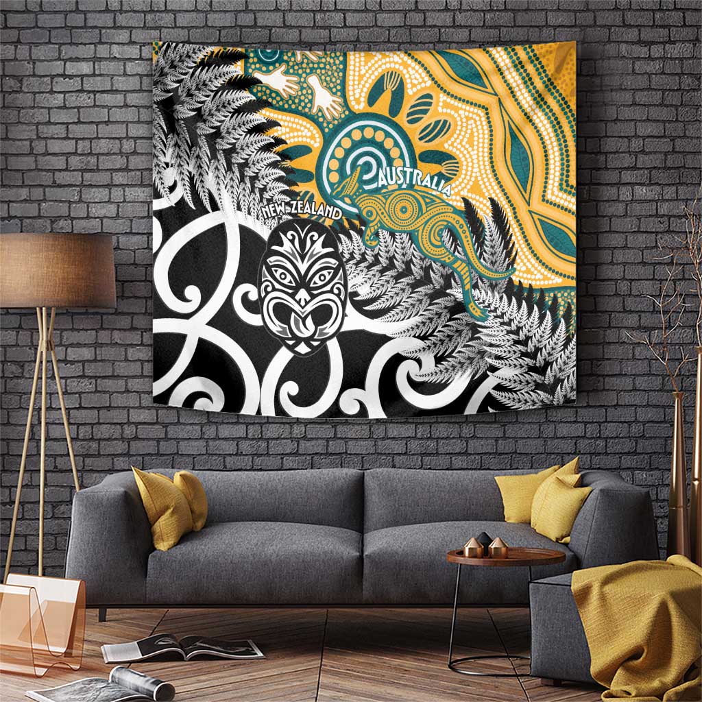 New Zealand Australia Rugby Tapestry Wallabies Aboriginal All Black Maori Tiki Together LT14 Black - Polynesian Pride