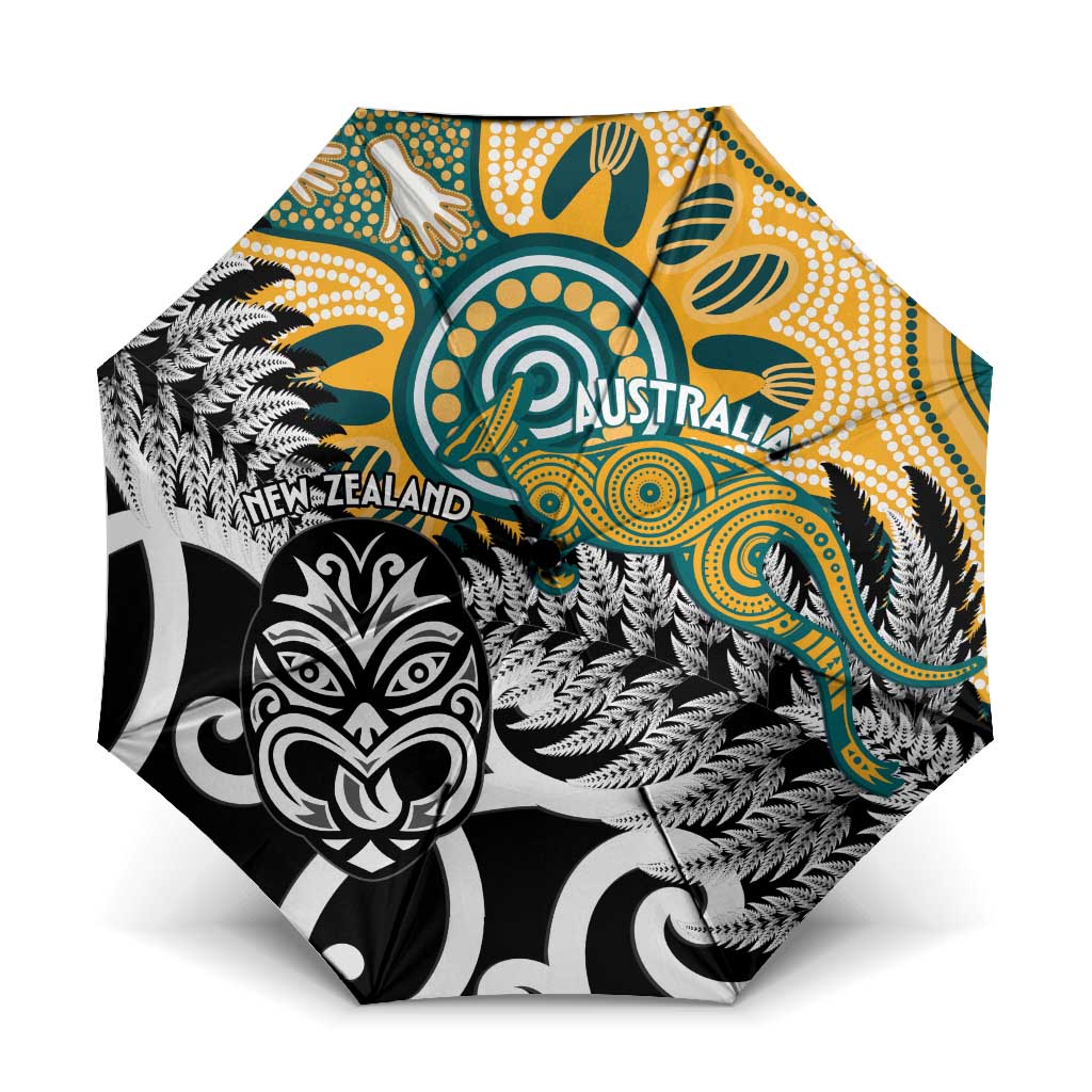 New Zealand Australia Rugby Umbrella Wallabies Aboriginal All Black Maori Tiki Together LT14 One Size Folded 11.42 inch Opened Diameter 37.4 inch Black - Polynesian Pride