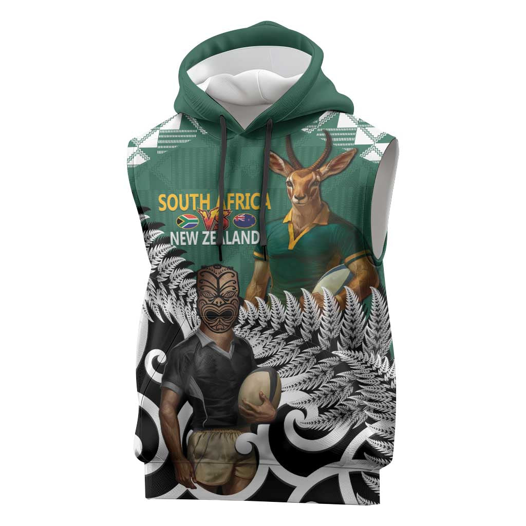 New Zealand South Africa Rugby Custom Sleeveless Hoodie Springboks Kente All Black Maori Together LT14 Green - Polynesian Pride