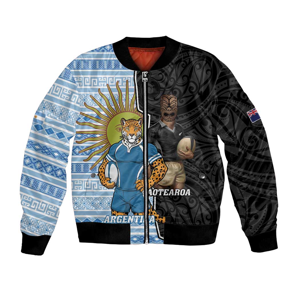 New Zealand Argentina Rugby Custom Bomber Jacket 2025 Los Pumas All Black Together LT14 Unisex Black - Polynesian Pride