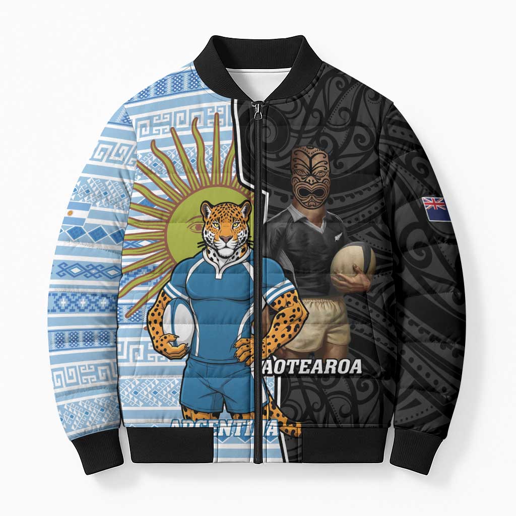 New Zealand Argentina Rugby Custom Bomber Puffer Jacket 2025 Los Pumas All Black Together LT14 Unisex Black - Polynesian Pride