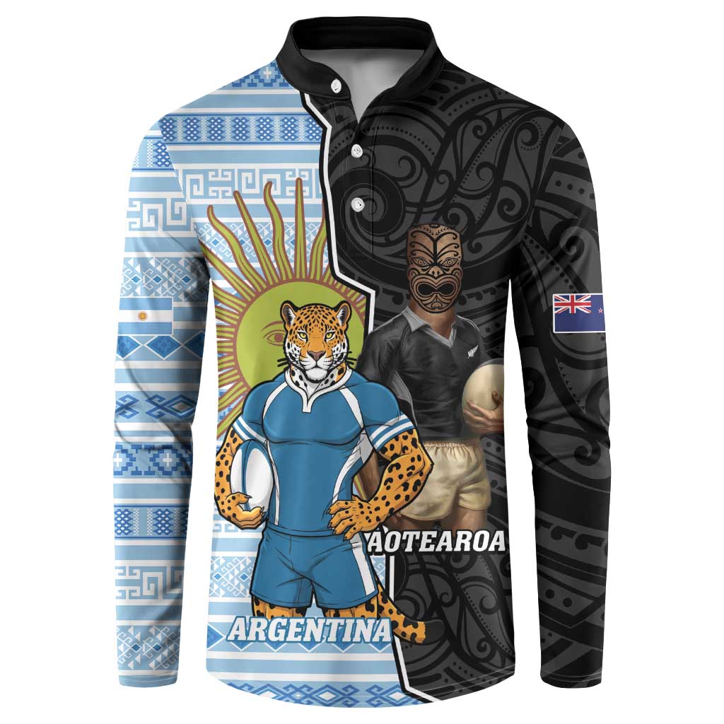 New Zealand Argentina Rugby Custom Button Sweatshirt 2025 Los Pumas All Black Together LT14 Black - Polynesian Pride